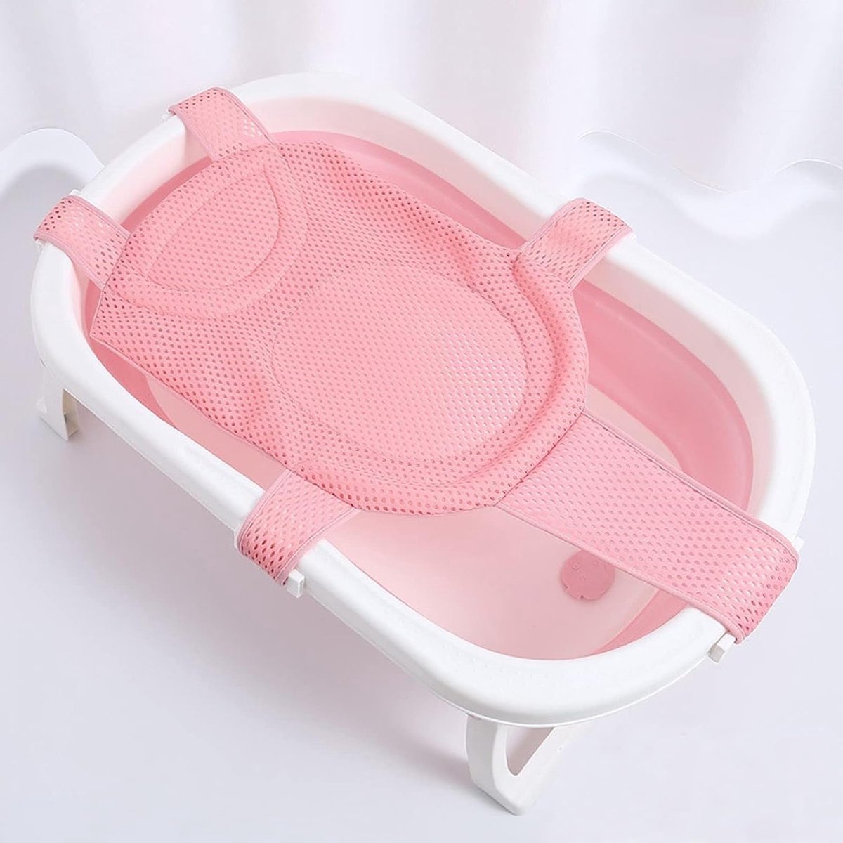 Babybadnet, babybadpad, badinzetstuk voor baby's met mesh, verstelbaar, antislip met veiligheidsgordel, babybadmat voor pasgeborenen, peuters (groen、roze、blauw) (roze)