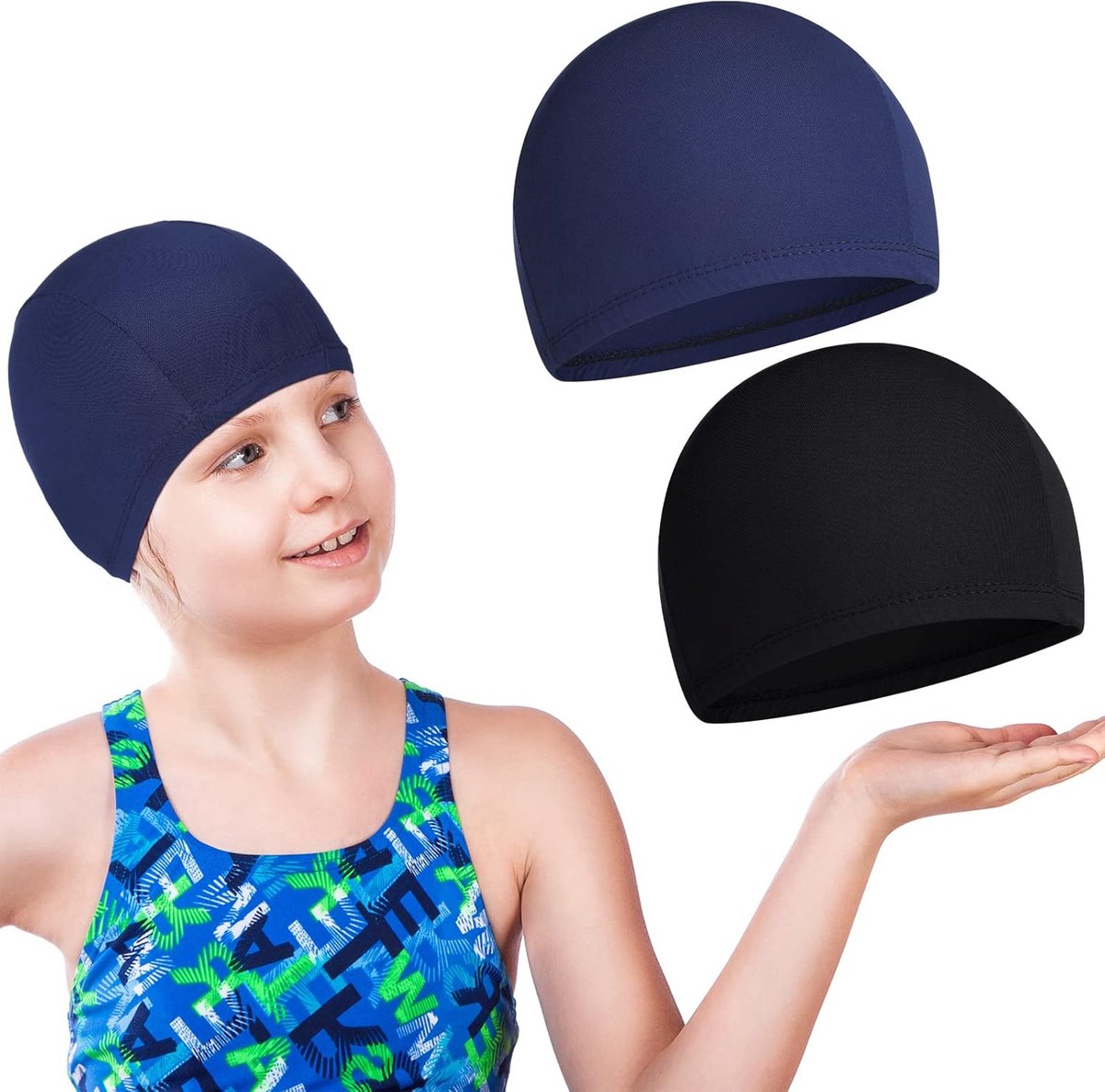 2 stuks badmuts voor kinderen, waterdicht, uniseks, badmutsen voor lang en kort haar, badmutsen voor jongens en meisjes, kinderen (effen patroon, zwart, blauw (waasblauw)
