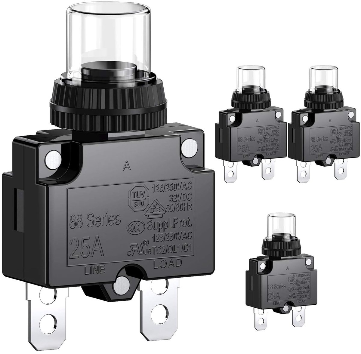 25 A stroomonderbreker met thermische overbelastingsbeveiliging, serie 88, handmatige drukknop, reset met snelaansluitklemmen en waterdichte toetskap, 32 VDC of 125/250 VAC, 4 stuks