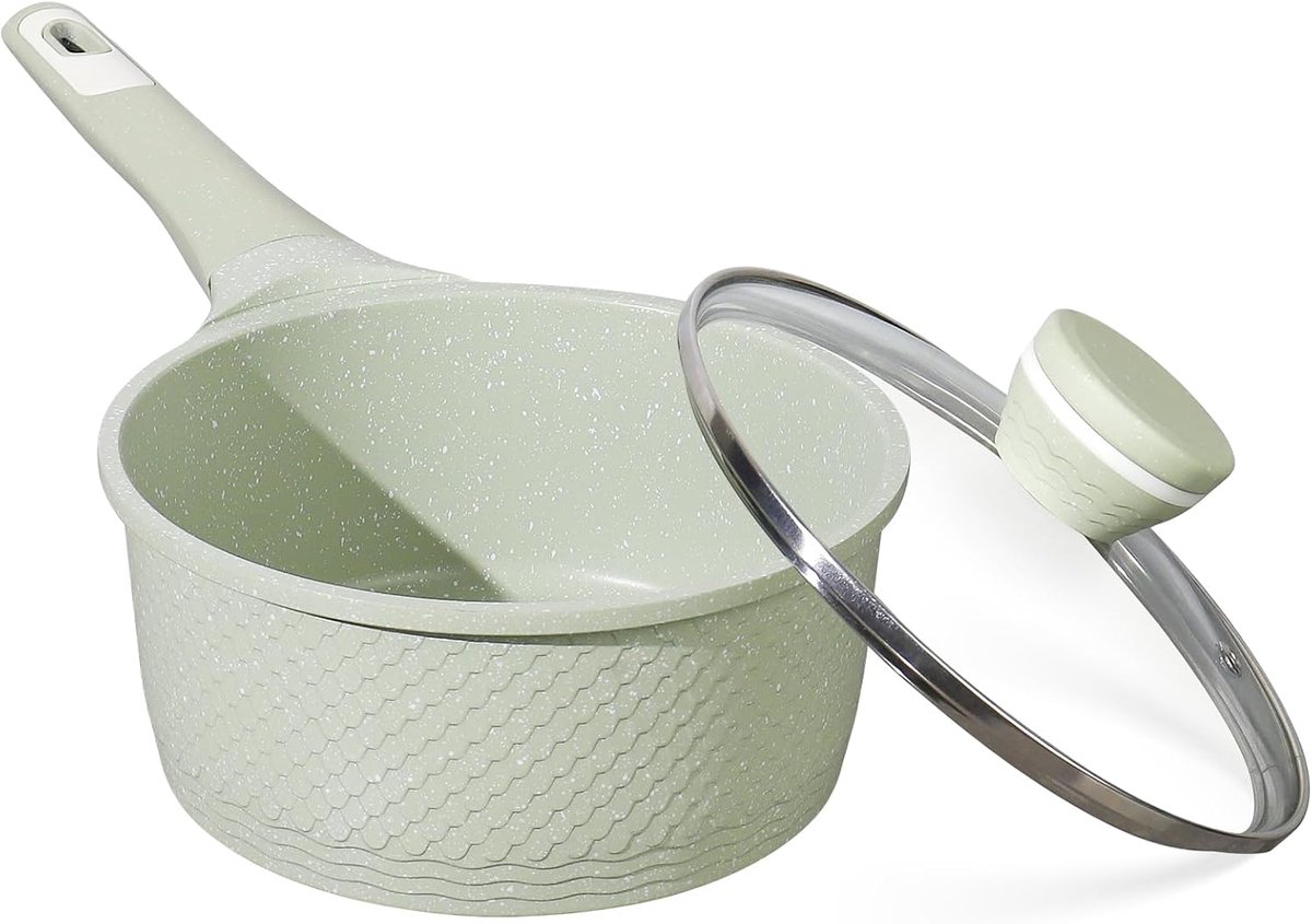 2.0 L (18 cm) met deksel - 100% PFOA/PFAS Vrij Anti-Aanbaklaag - Compatibel met Alle Kookplaten (Inclusief Inductie) - Eenvoudig Schoonmaken & Vaatwasserbestendig - Groen Graniet