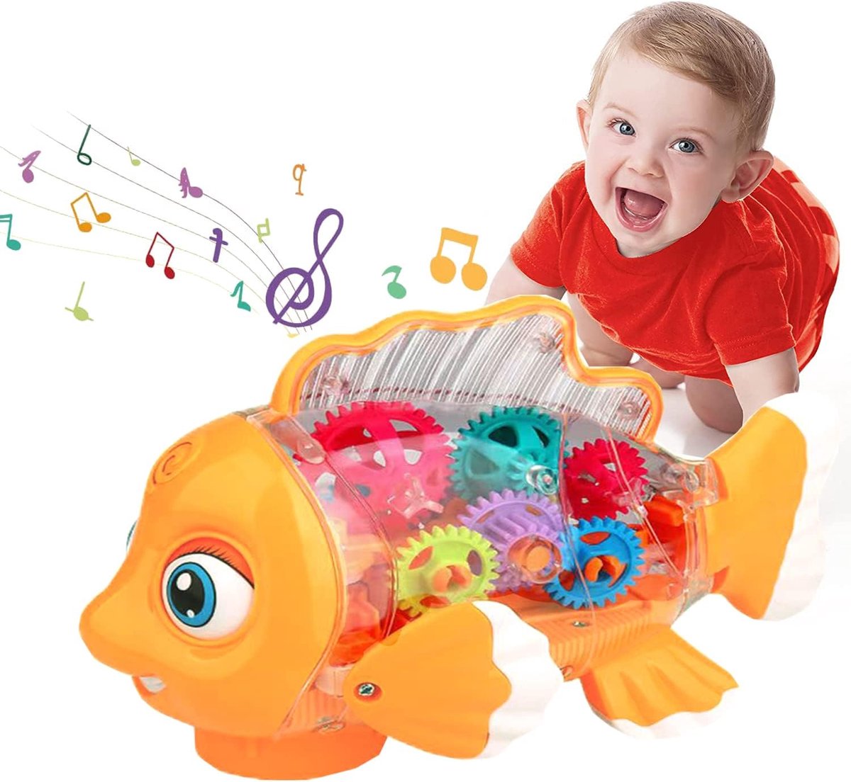 mechanisch versnellingsspeelgoed, Miracland Gear Goldfish Car Toy Land Electronic Fish Toy Universeel autospeelgoed met lichten en muziekogen, armen en staartbeweging