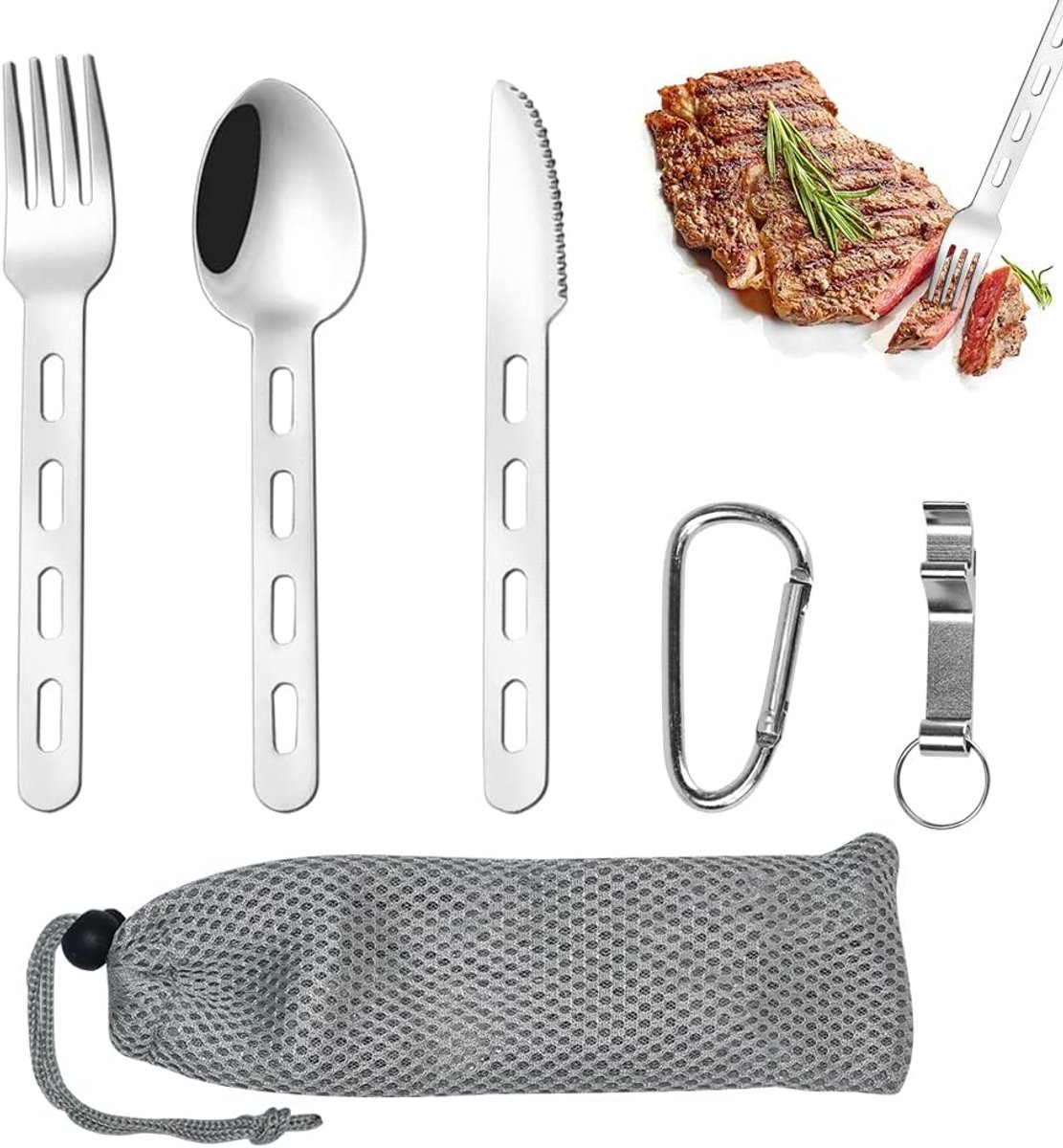 Bestek, outdoor reisbestek, roestvrij staal, campingbenodigdheden, draagbare picknickbestek met lepel, mes, vork, flesopener, draagtas voor outdoor en reizen