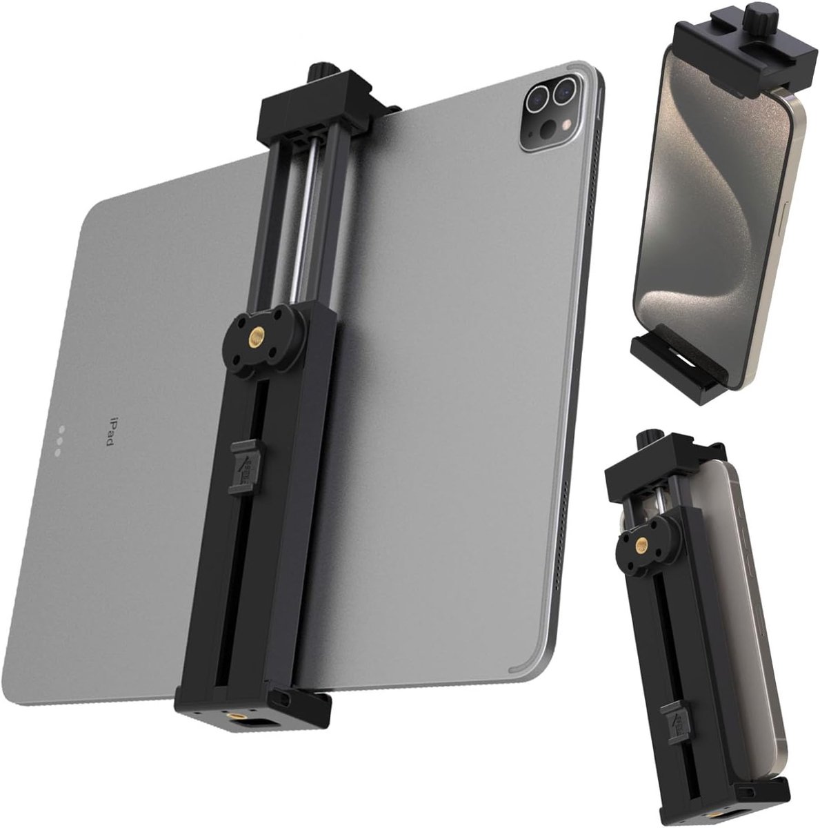 statiefadapter voor iPad en telefoon - 360° balhoofd tabletklem met 1/4" schroefgaten, compatibel met de meeste maten telefoons en tablets (zwart)