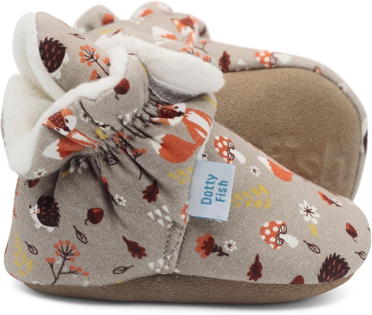 Fish Katoenen Babyslofjes met Fleecevoering, Antislip Suède Zool | Zachte zool, Blotevoetengevoel, Brede neus, Verstelbare sluiting, Lichtgewicht, Flexibel