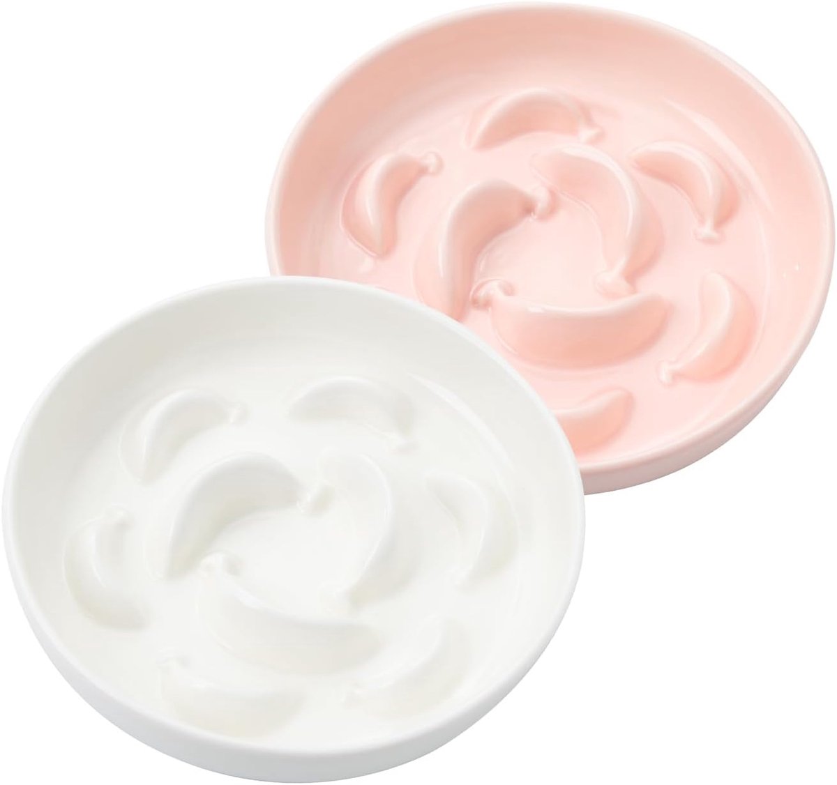 Voerbak voor katten, anti-slinger, keramiek, 2 stuks, langzaam eten, dubbele kom voor katten, pastelserie, vaatwasmachinebestendig en magnetronbestendig, wit en roze