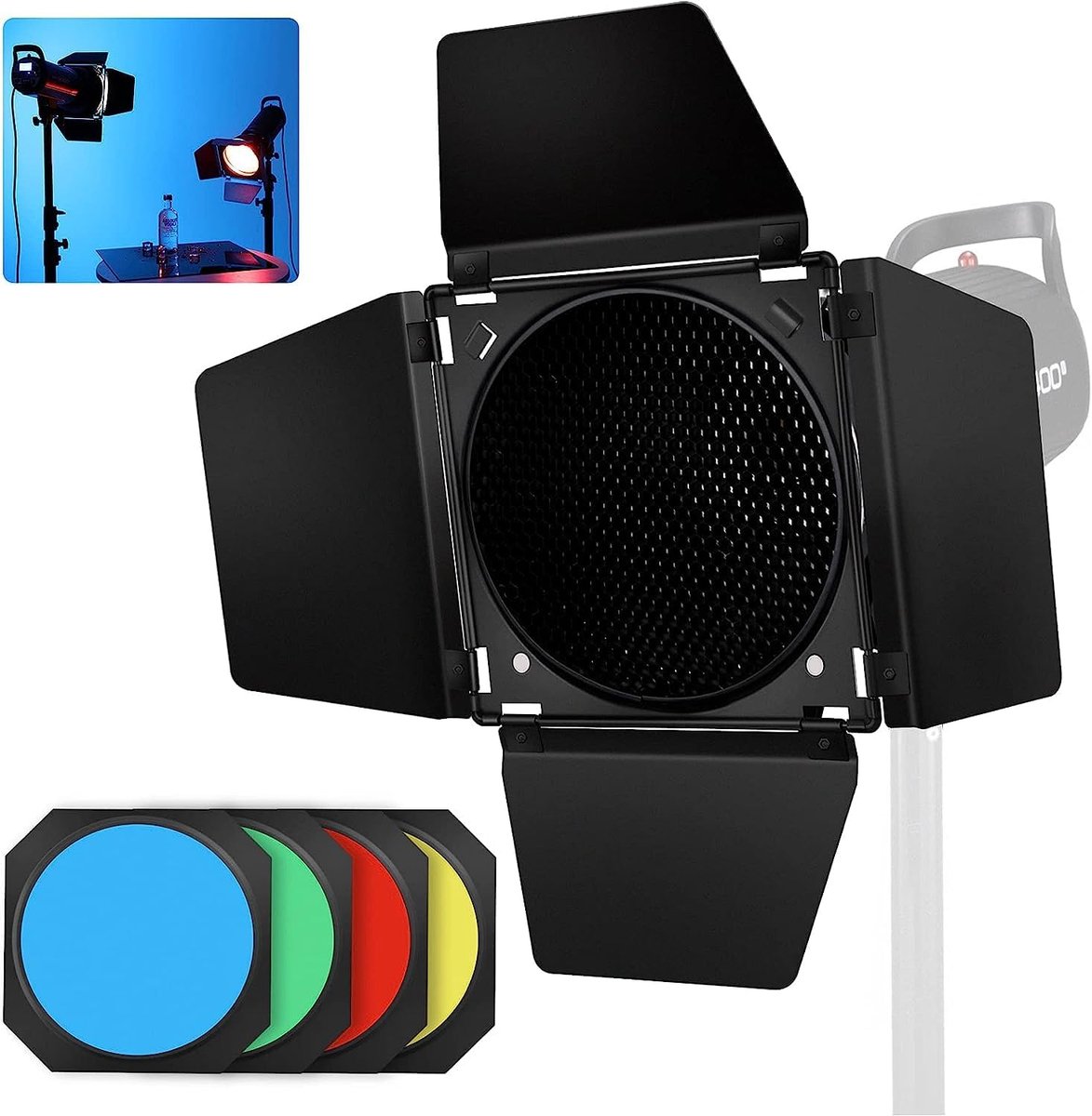 BD-04 Schuurdeur Metalen Barndoor & Honingraat Grid & 4 Kleur Gel Filter Kit voor 7 Inch Standaard Reflector Bowens Mount Compatibel met GODOX LED Video Licht voor NEEWER Amaran Aputure