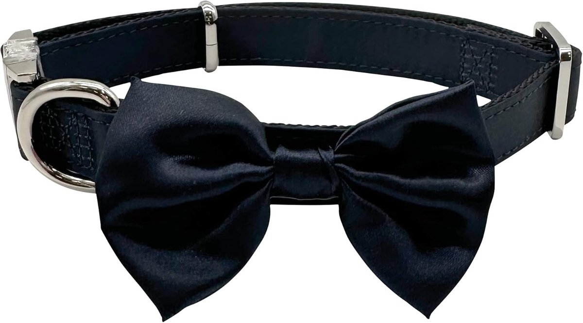 Ceremony Hondenhalsband voor mannelijke honden, met vlinderdas, voor bruiloft, blauwe stof, satijn, zilverkleurige details, voor kleine, middelgrote en grote honden, M/32-50 cm
