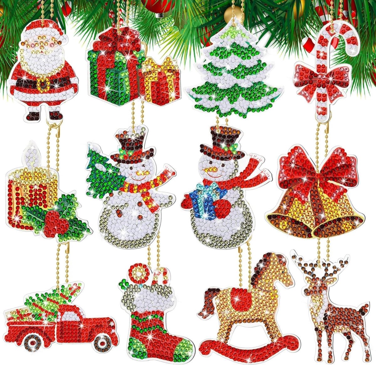 12-Set Diamond Painting Kerstmis Kabouter Kit - DIY Hanger en Sleutelhanger voor Kinderen