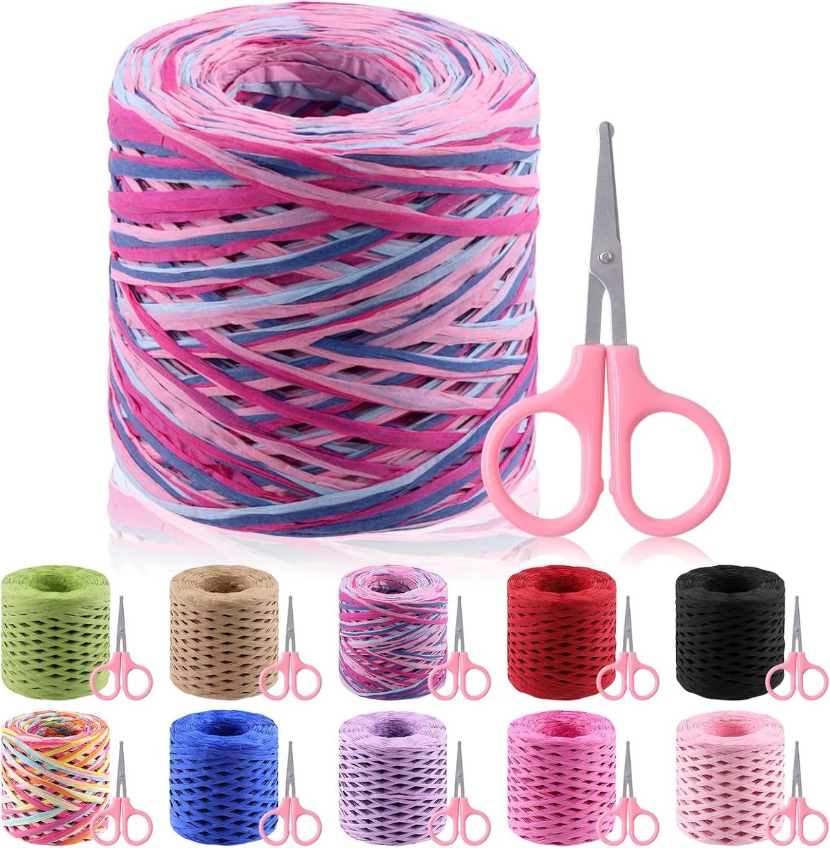 200 m Raffia lint met schaar set, gekleurd Raffia Papier Craft Lint Natuurlijke Raffia String Kraft Verpakking Lint Touw Lint voor Geschenkverpakking Verpakking Crafting Supplies (Rose