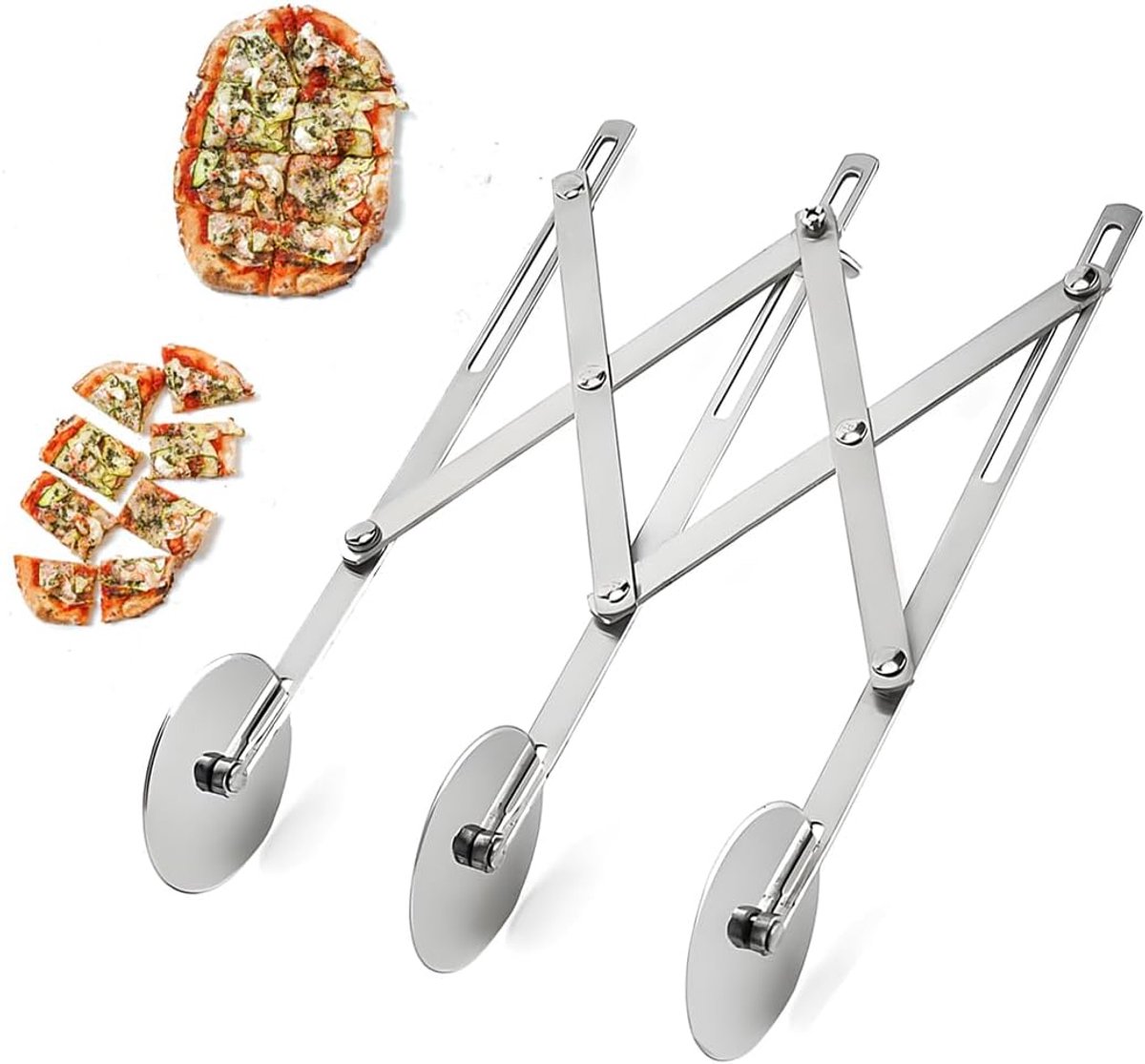 Deegsnijder met 3 wielen, pizzasnijder, deegverdeler van roestvrij staal, verstelbare pizzasnijder voor het snijden van taartdeeg, verschillende deeg