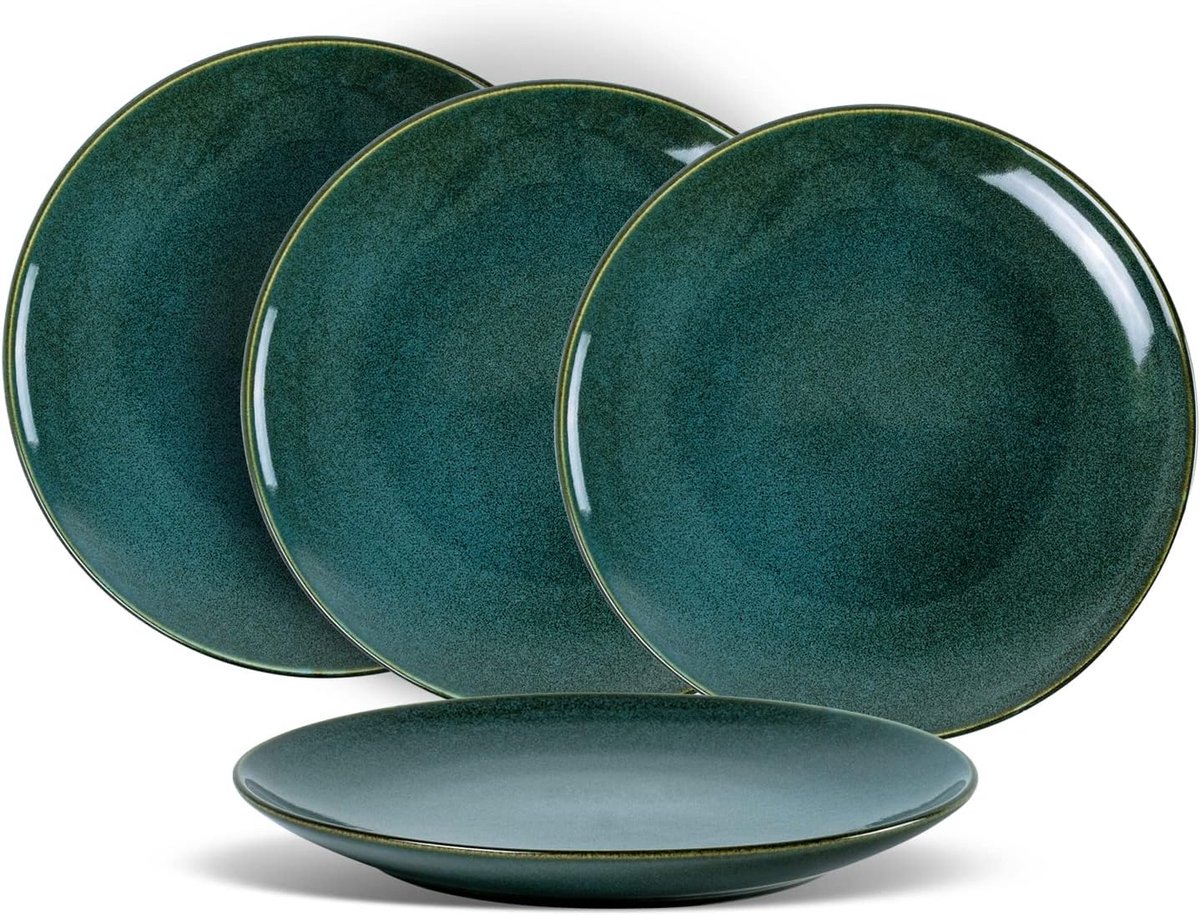 Porseleinen bordenset, grote saladeborden, vintage groen, 20 cm, dinerborden, 4-delig, servies, tafelservies, vaatwasmachinebestendige keramische borden