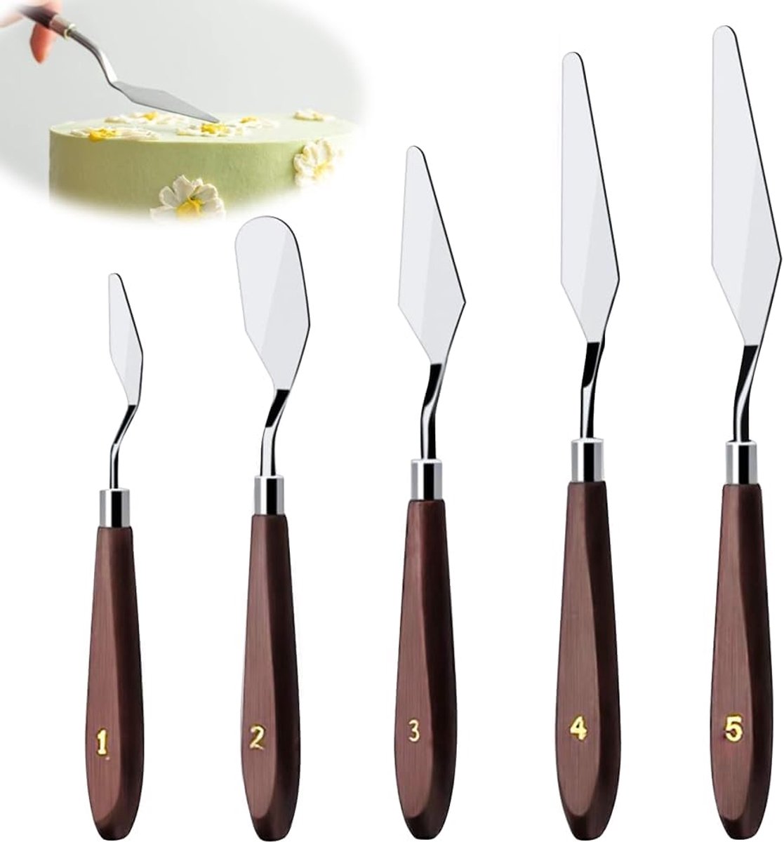 strooipalet set, 5 stuks roestvrij staal schuin palet taart, strooipaletten voor taarten crème spatel, crème spatel accessoires voor het decoreren van taarten voor taart, bakken, textuur pasta