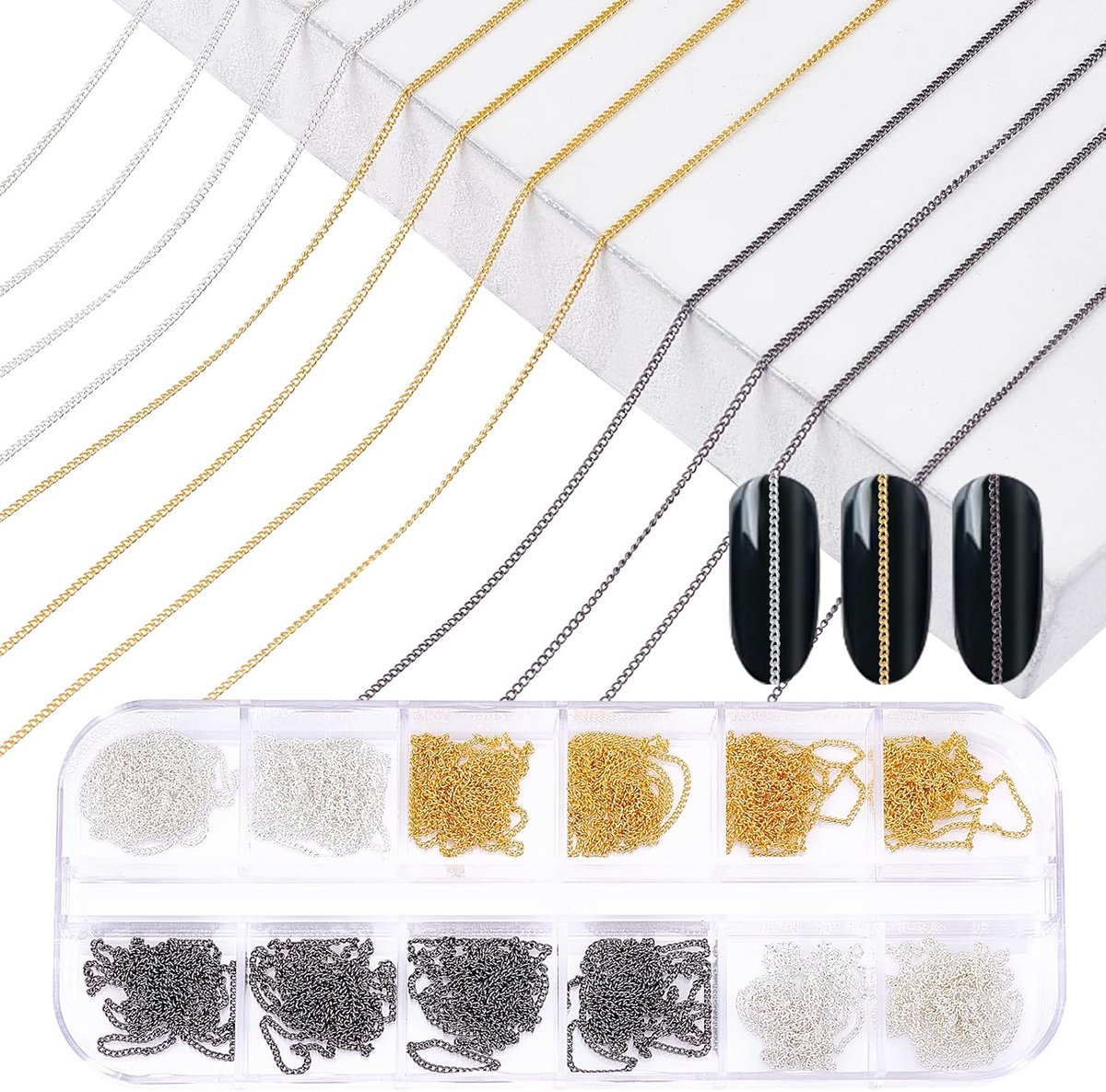 12 strepen nail art kettingen van metaal, nagelkettingen decoraties voor nagels met doos, nagelkettingen in goud, zilver en zwart 3D nagelsieraden klinknagels voor nail art