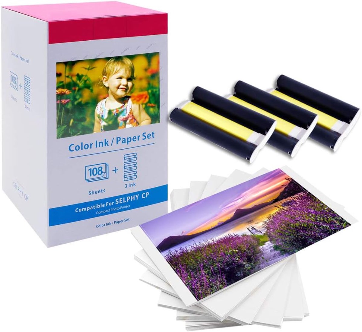 Compatibel met Canon Selphy CP1500 KP-108IN Inkt en Fotopapier Set | voor CP Printer CP1500 CP1300 CP1200 CP1000 CP790 CP810 CP910, 3 Kleur Inktkassette / 108 Blad Papier 100 x 148mm