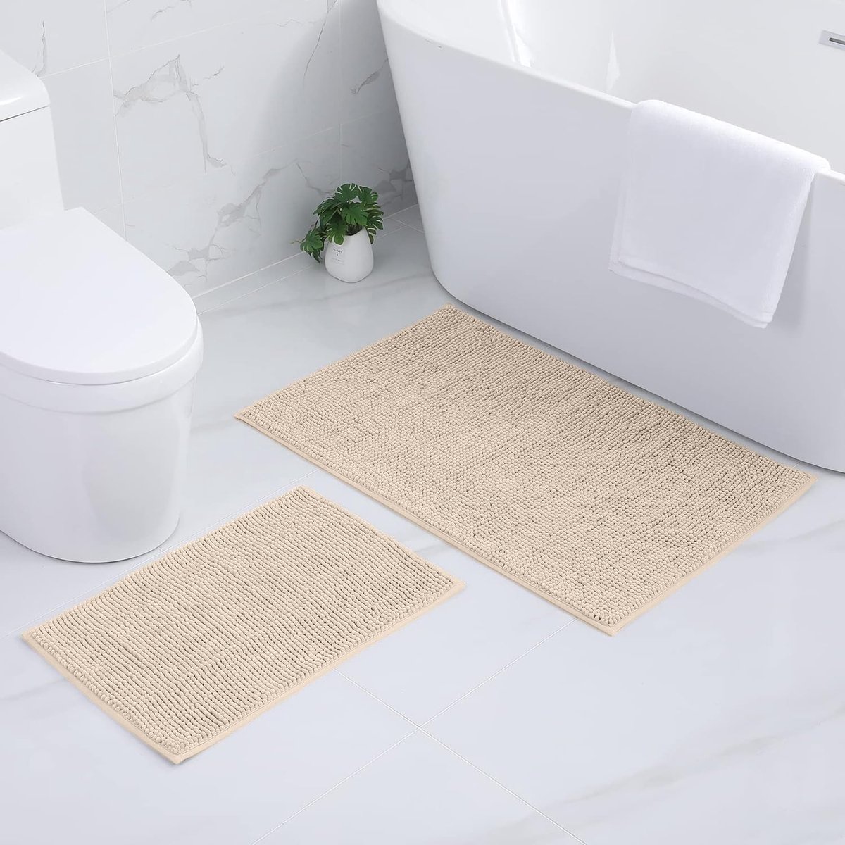 Chenille Badmat, antislip, zacht, absorberend, wasbaar, 40 x 60 cm + 60 x 90 cm, beige, set van 2