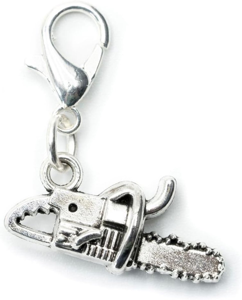 Kettingzaag, bedelhanger, kettingzaag, kettingzaag, gereedschap, boomzaag, zilver, handgemaakt modesieraad, verzilverde kettinghanger, bedelarmband, hanger voor armband, 20 mm, Metaal
