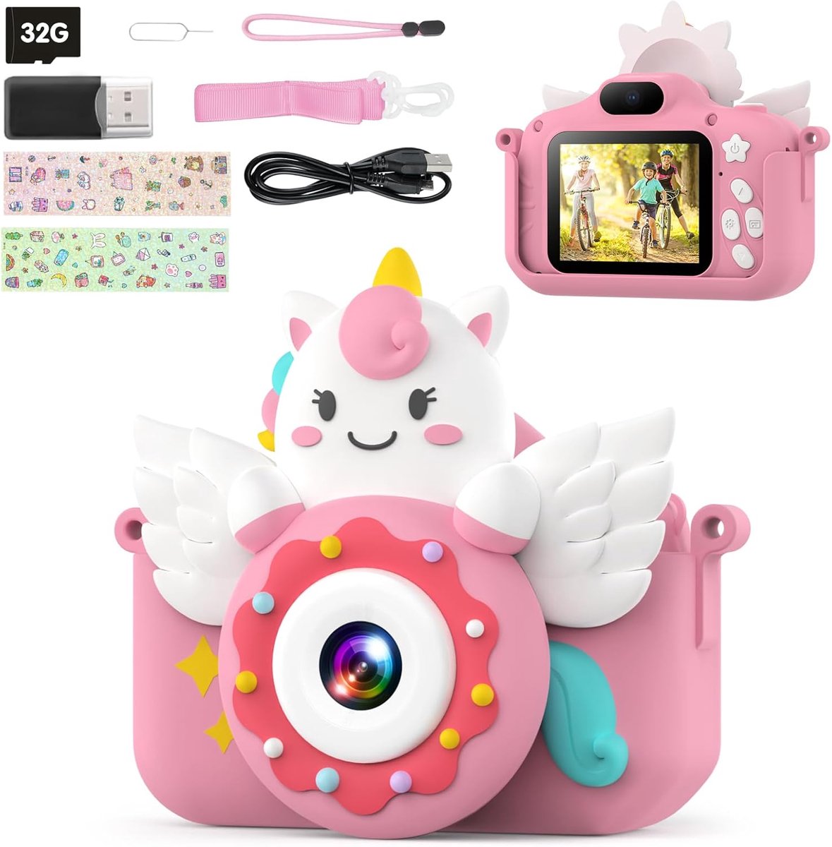 Digitale camera voor kinderen met 32 GB kaart en selfie-modus, peutercamera en videocamera, kerst- en verjaardagscadeaus speelgoed voor kinderen van 3-10 jaar