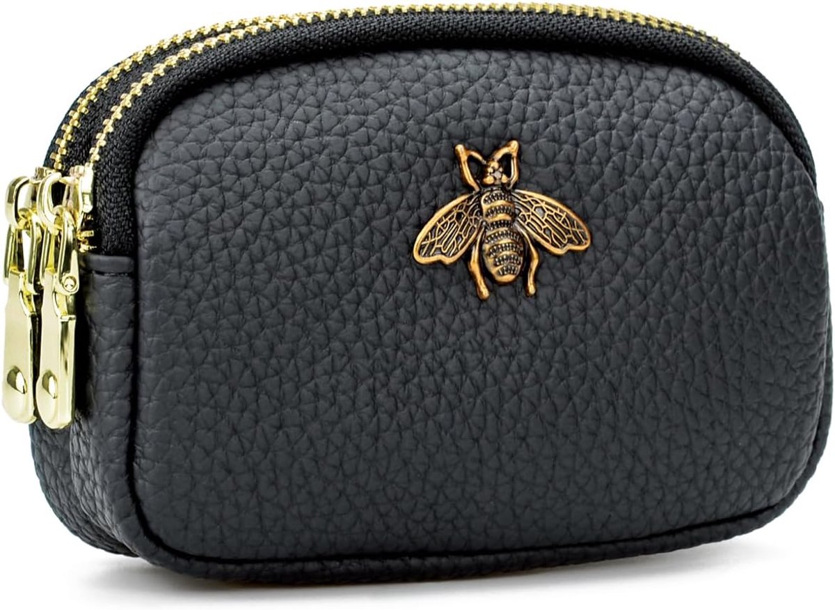 Dames Kleine Leren Portemonnee Pouch Cash Mini Muntportemonnee Dubbele Ritssluiting met Sleutelhanger, Zwart, Modern design