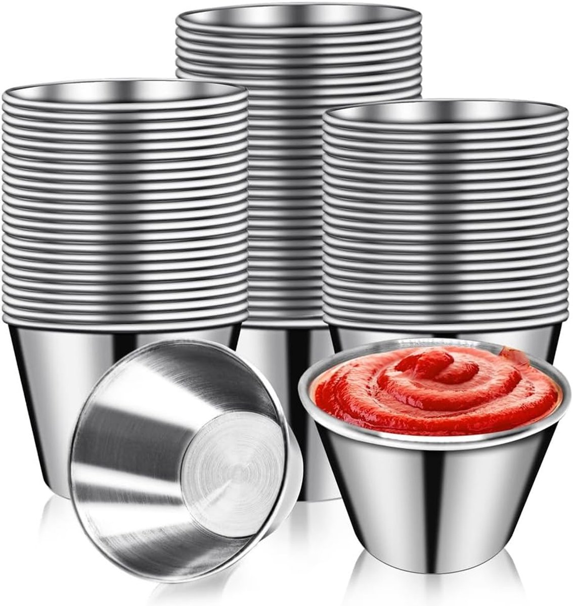 50 stuks sausbekers van metaal, 2,5 oz, zilverkleurige roestvrijstalen sausbekers, herbruikbare metalen kruidenpotjes