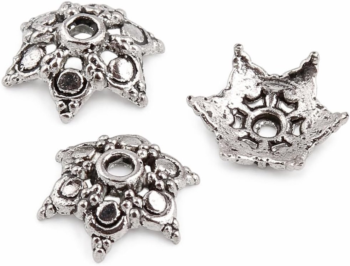 Pareldoppen, 15 mm, 120 stuks, Tibetzilver, kralenkappen, bloem, metaal, spacer, eindkappen voor het maken van sieraden, doe-het-zelf knutselen