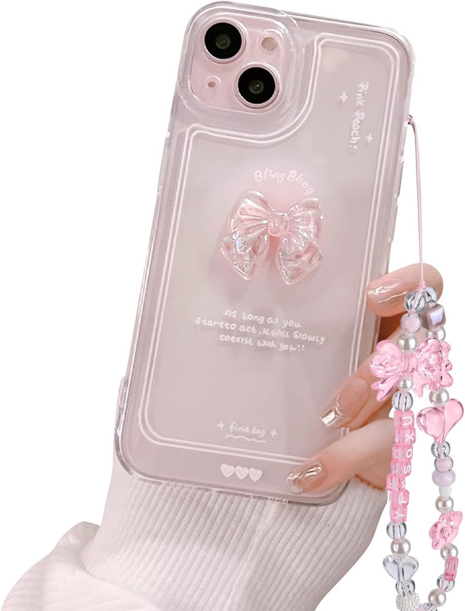 Compatibel met iPhone 15 hoesje, schattige 3D roze strik slank helder esthetisch ontwerp vrouwen meisjes sprankelende beschermende telefoonhoesjes voor iPhone 15 + glitter kristallen ketting