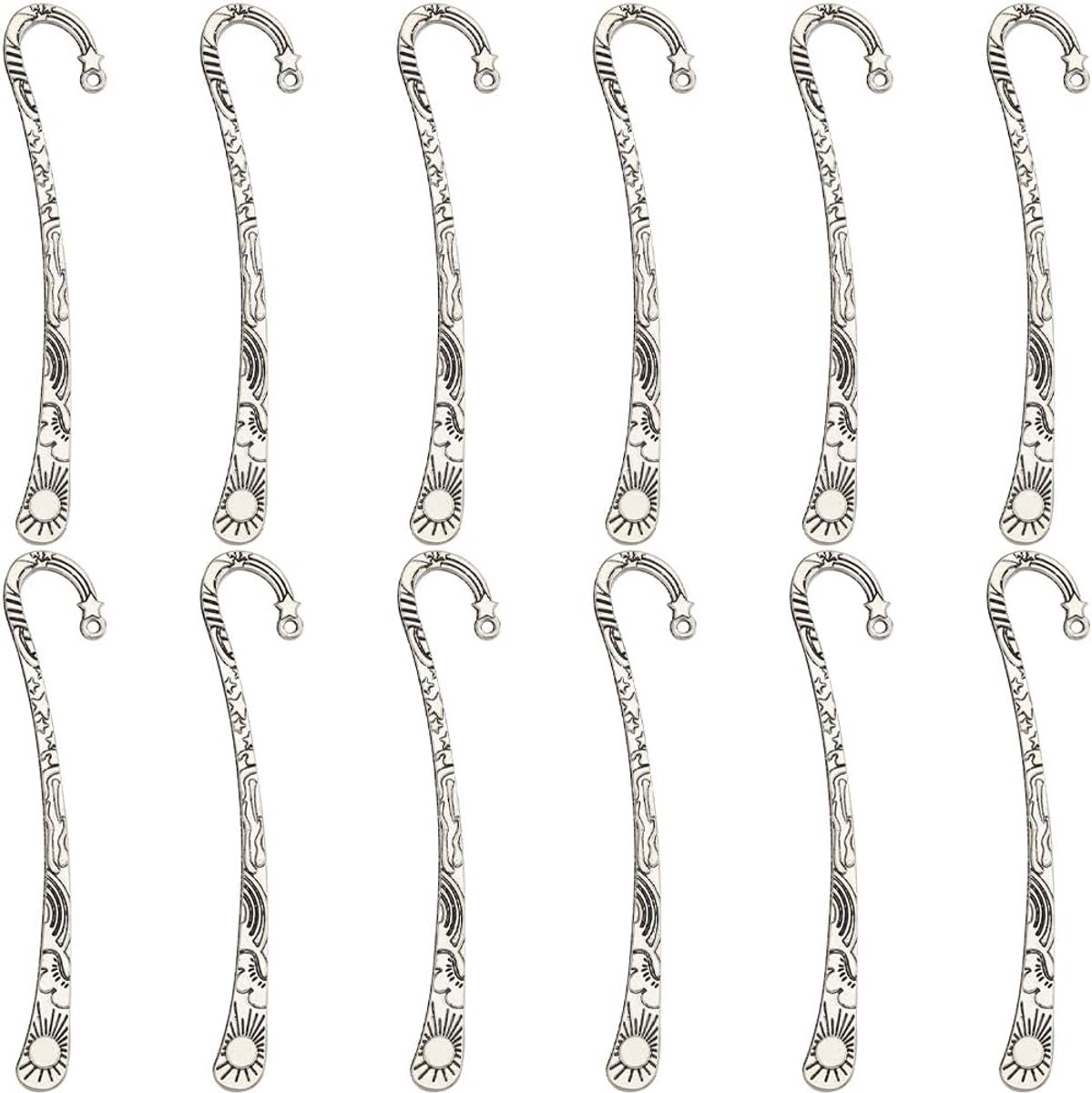 1 Doos 12 Stks Antiek Zilveren Bladwijzers Metalen Bladwijzer Tibetaanse Stijl Gesneden Haak Boek Markers met Loop Retro Reliëf Boek Mark Vintage Bladwijzers voor Boek Liefhebbers Mannen