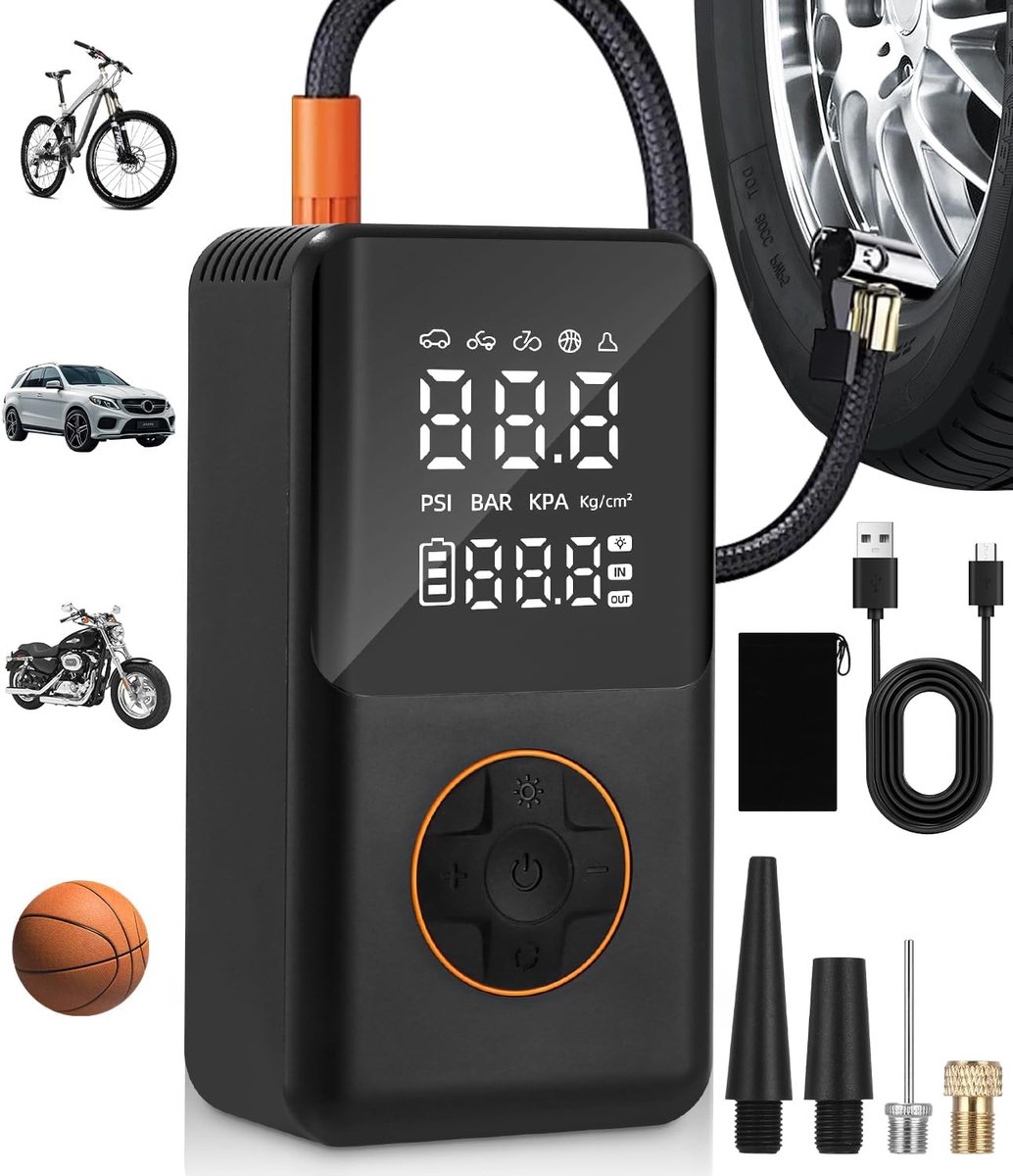 Draagbare Luchtcompressor, Draagbare Elektrische Opblazer met Manometer, 150PSI Elektrische Pomp, 4000 mAh Mini Draagbare Luchtcompressor met USB/LED Licht, voor Auto's, Motorfietsen, Fietsen