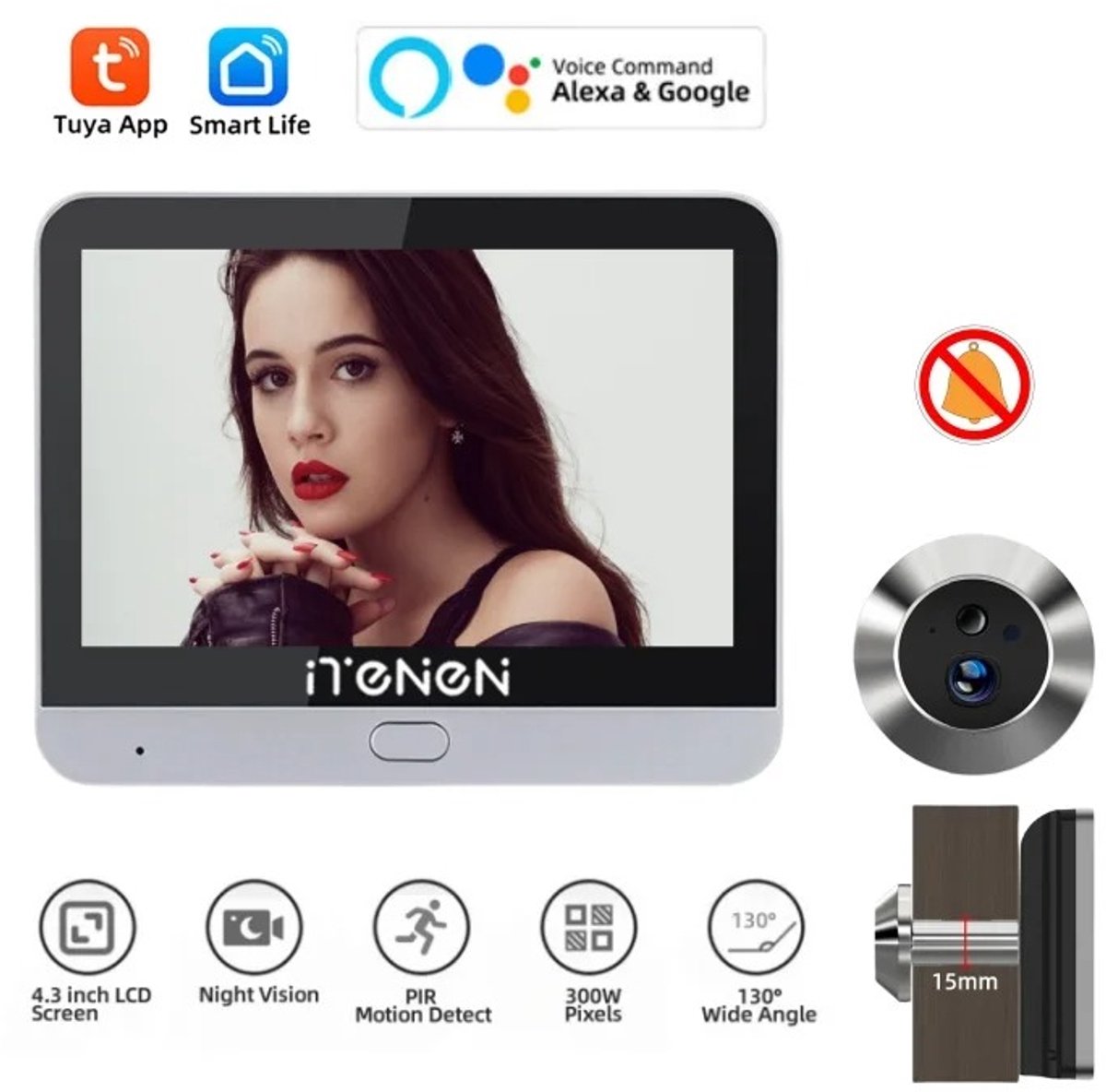 AURORAS- Slimme Deurcamera met 4,3 Inch Scherm – 1080P HD – WiFi 2.4 GHz – Smart Life App – Digitale Deurkijker – Eenrichtingsaudio