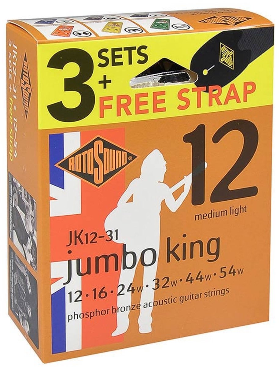 Rotosound JK12-31 Jumbo King 012 3-pack met gitaarriem snarenset akoestisch