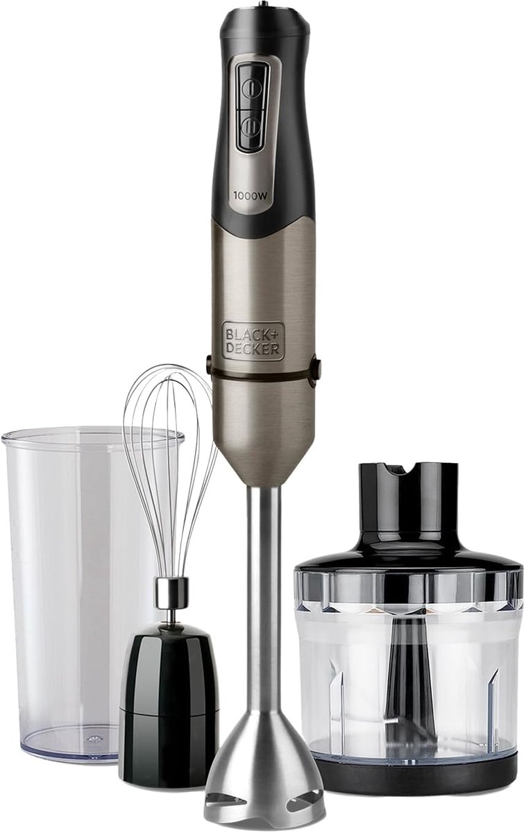 Staafmixer 3-in-1 - 1000W - 20 snelheden - Turbofunctie - Anti-spat - Maatbeker - Hakmolen - Garde - RVS - Zwart