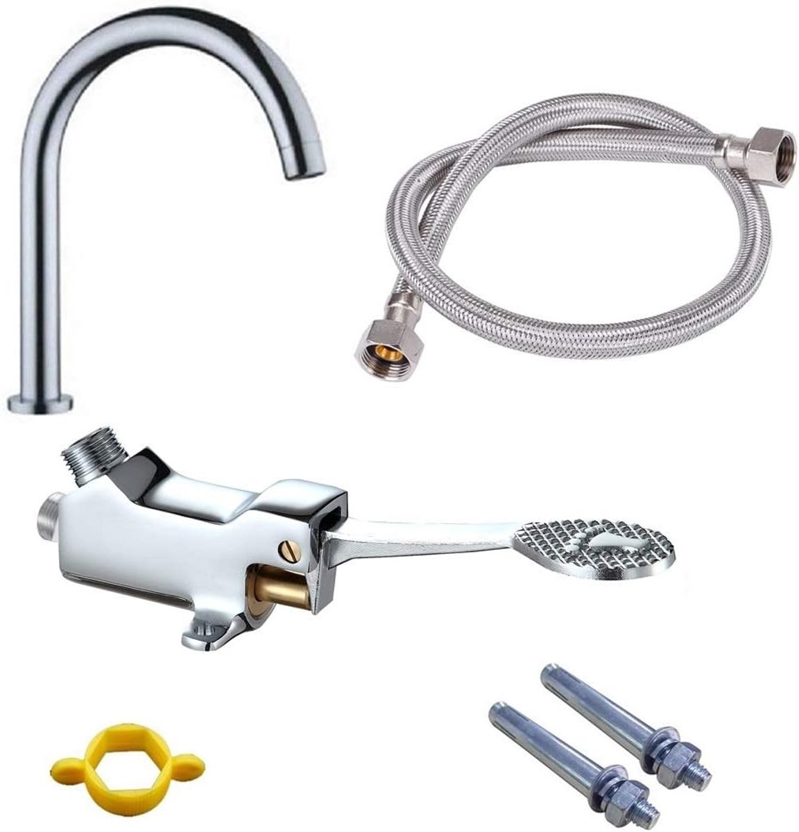 Handsfree voetpedaal kraan - volledig set - chroombrass + roestvrij staal - hygiënisch en gebruiksvriendelijk - SnelShoppen