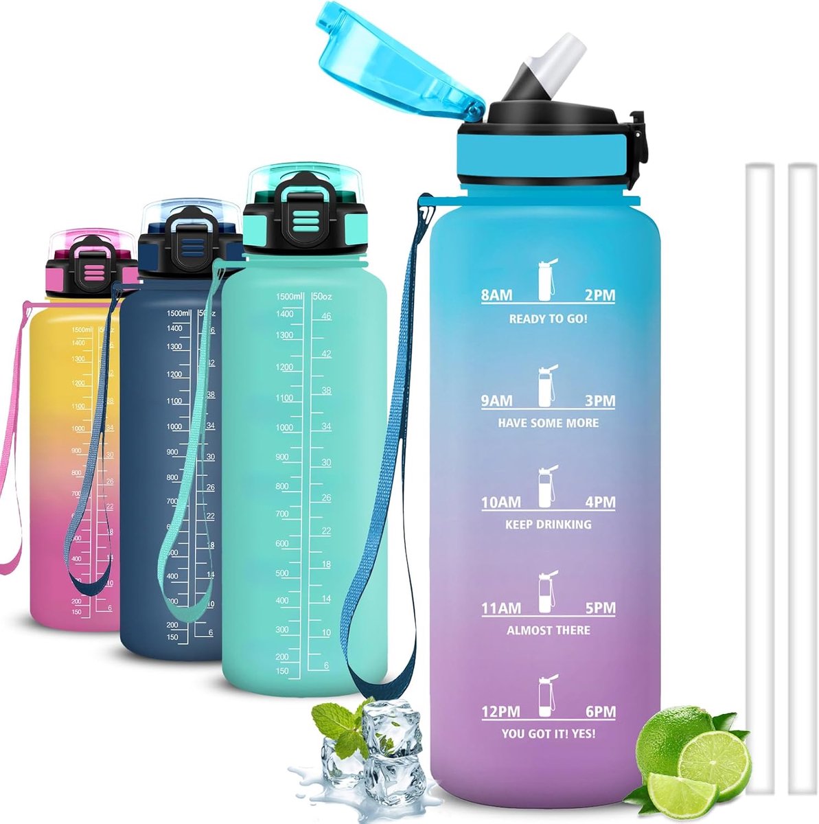 SnelShoppen - 1.5L Sportfles - Lekvrije Drinkfles met Kom - Gemakkelijk te Dragen - Motivatie Drinkfles voor Fitness, Yoga, Zwemmen, Kamperen - Ideaal