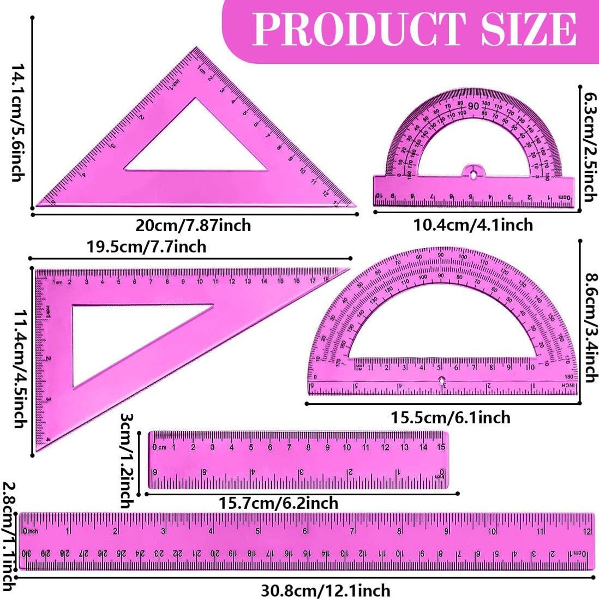 1 set kunststof linialen voor wiskunde, inclusief gradenboog, driehoekige liniaal, rechte liniaal van 30,5 cm en 15,2 cm, transparante liniaal voor geometrie, wiskunde