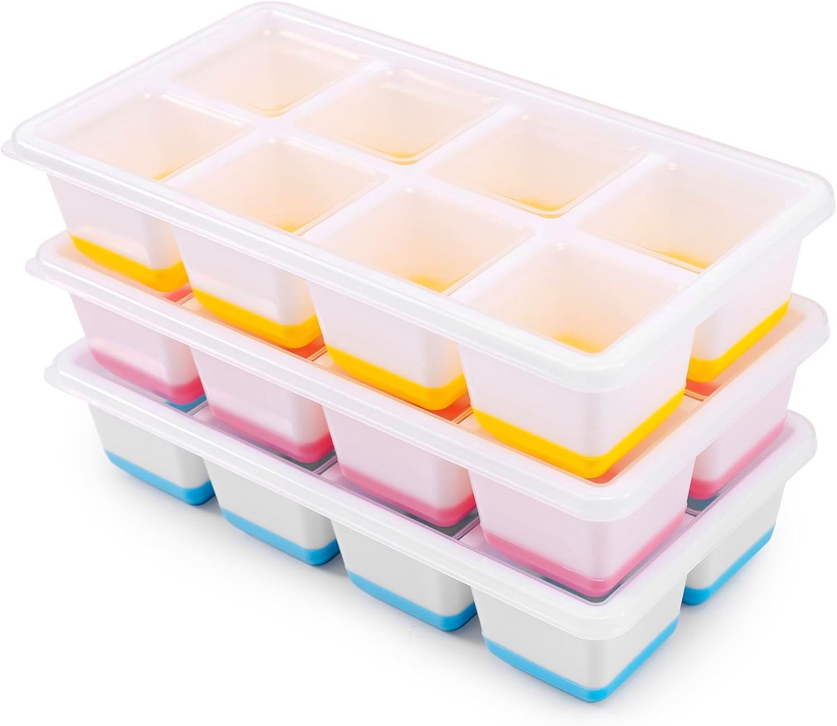 Set van 3 grote siliconen ijsvormen met deksel, stapelbare ijsblokjesdoos, veilige en gezonde ijsblokjesvorm voor cocktail, whisky, koffie (blauw + roze + geel)