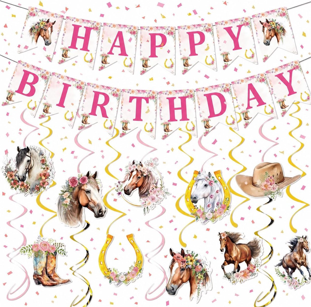 Verjaardagsdecoratie Feest Hangende Wervels Paarden Slinger Kinderfeest Roze Verjaardagsdecoratie Meisjes Paard Happy Birthday Banner Decoratie Spiralen Verjaardag voor Meisjes