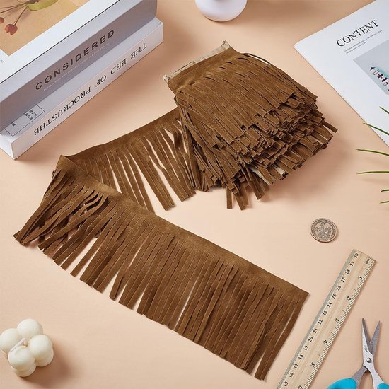 4 m breed PU-leer en suède, 99 mm breed, camel, dubbelzijdig naaien, franjes, voor knutselen, kleding, handtas, naaien, jurk, handwerk, versiering, decoratie — afbeelding 3