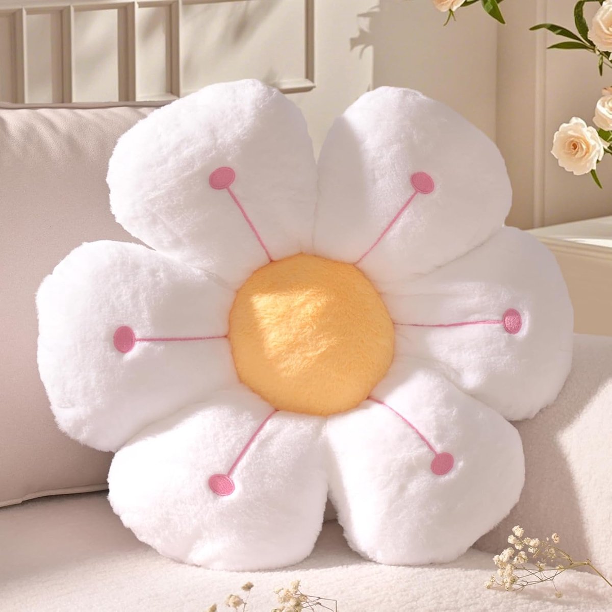 Wit Geel Bloemvorm Decoratief Kussen, Kussen Madeliefje Bloem, Schattig Kussen Bloemen-Zitkussen, Esthetisch Sierkussen voor Thuis, Bank, Couch, Bed, 40 cm