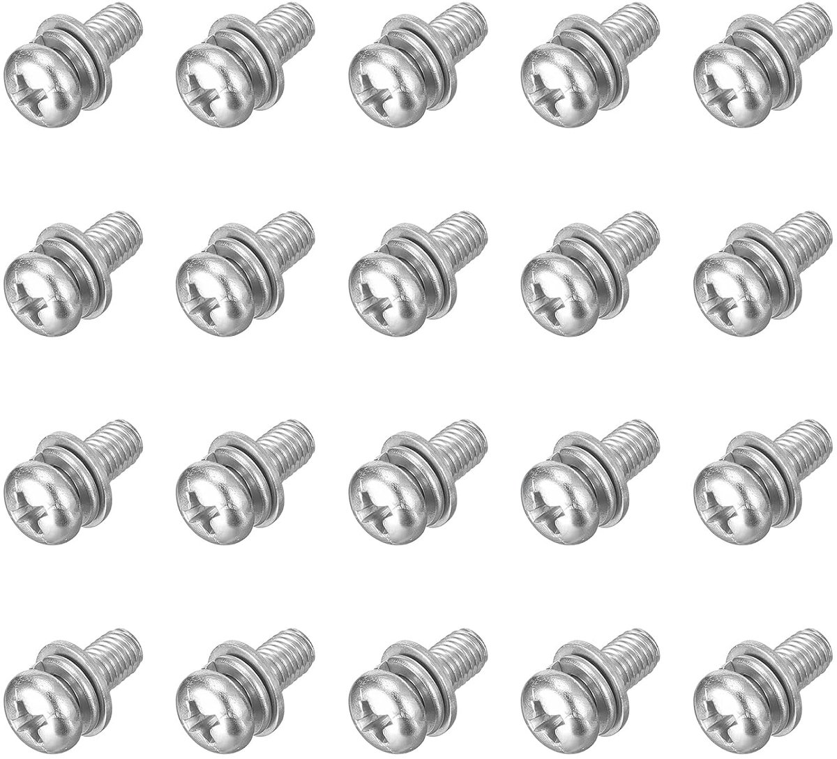 Set van 20 stuks, M5 x 12 mm, ronde kopschroeven, Phillips Pan Head met veerring en sluitringen, 304 roestvrijstalen schroefdraadschroeven voor reparatie van hout en zacht metaal