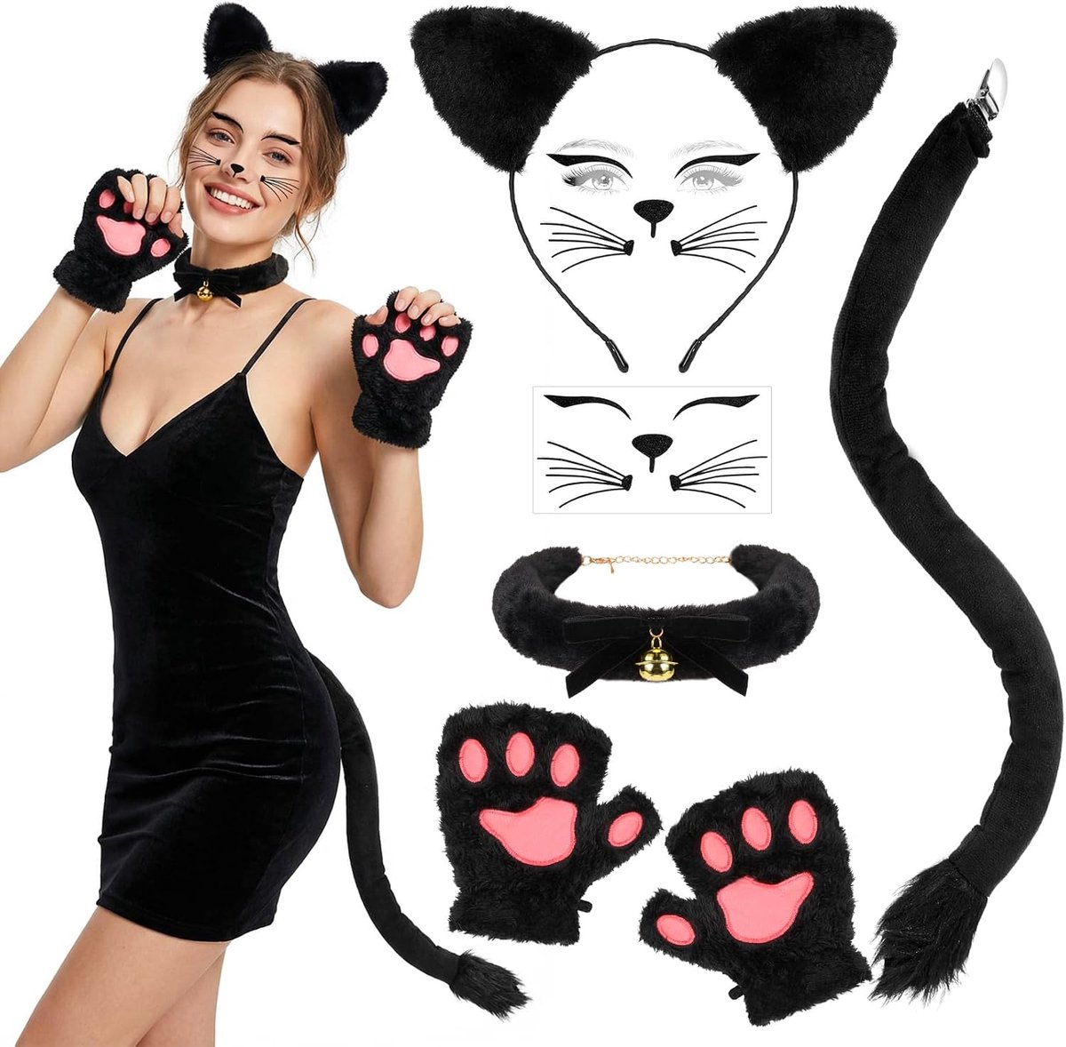 Kattenkostuum voor vrouwen, zwarte kattenoren, hoofdband en staart, belchoker, handschoenen, gezichtsstickers, Halloween, maskerade, anime cosplay, kostuumaccessoires voor vrouwen