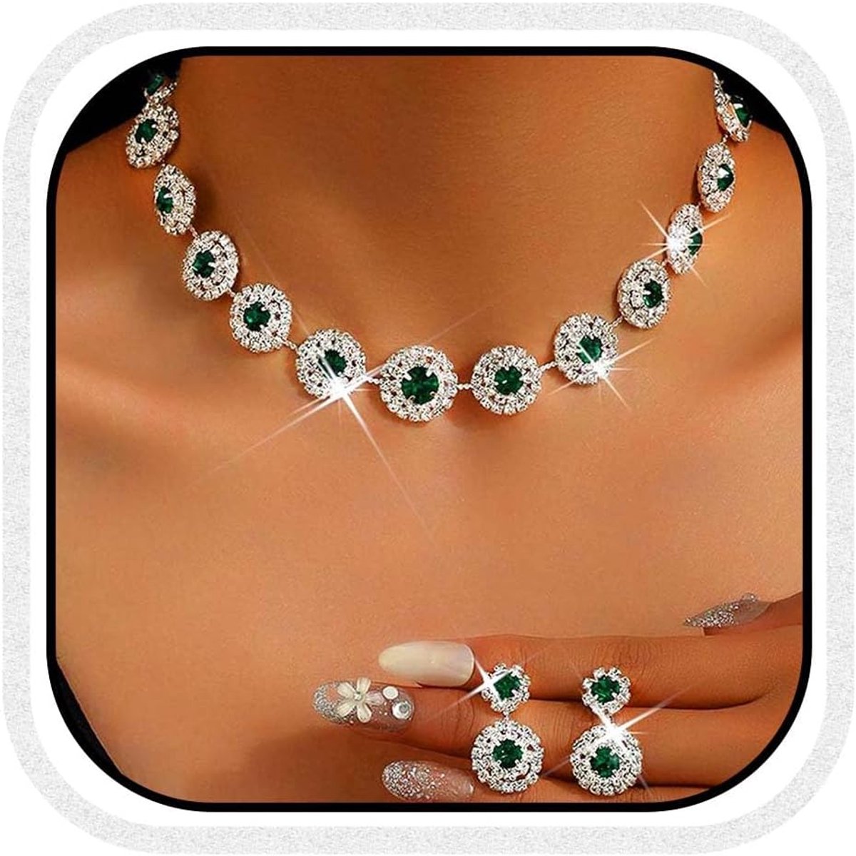 Zilveren bruidssieradenset, strassteentjes, choker, halskettingen en oorbellen, set, kostuum, bal, formele kristallen sieradenset voor vrouwen en bruiden
