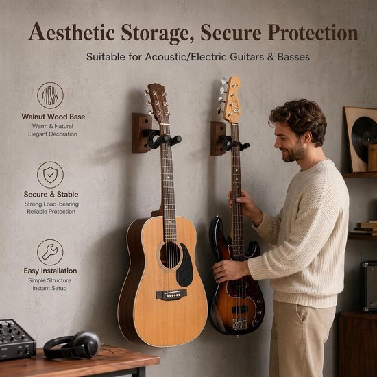 Gitaarhouder van zwart walnoot massief hout, set van 2 wandhouders met U-vormige haken en schroeven, voor akoestiek, elektrische gitaar, bas, banjo, mandoline, stabiele gitaaraccessoires, wandhouder — afbeelding 3