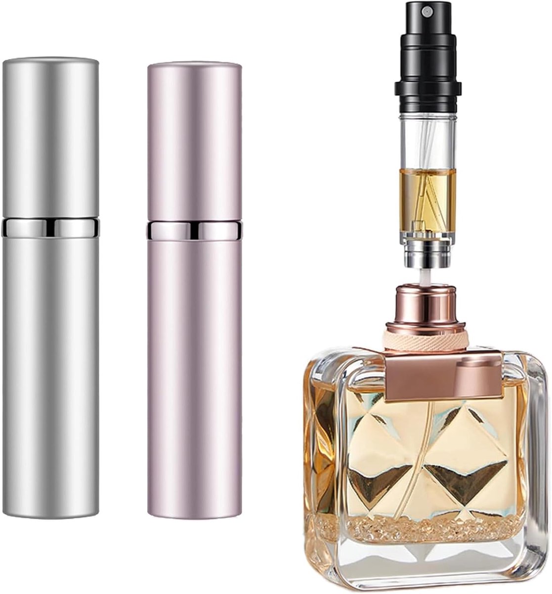 Hervulbare parfumverstuiver, 2 stuks, 5 ml, mini-reis-aftershavedispenser, kleine parfumspuitfles, zakformaat bodemvulling parfumdispenser voor vrouwen en mannen (zilver+roze)