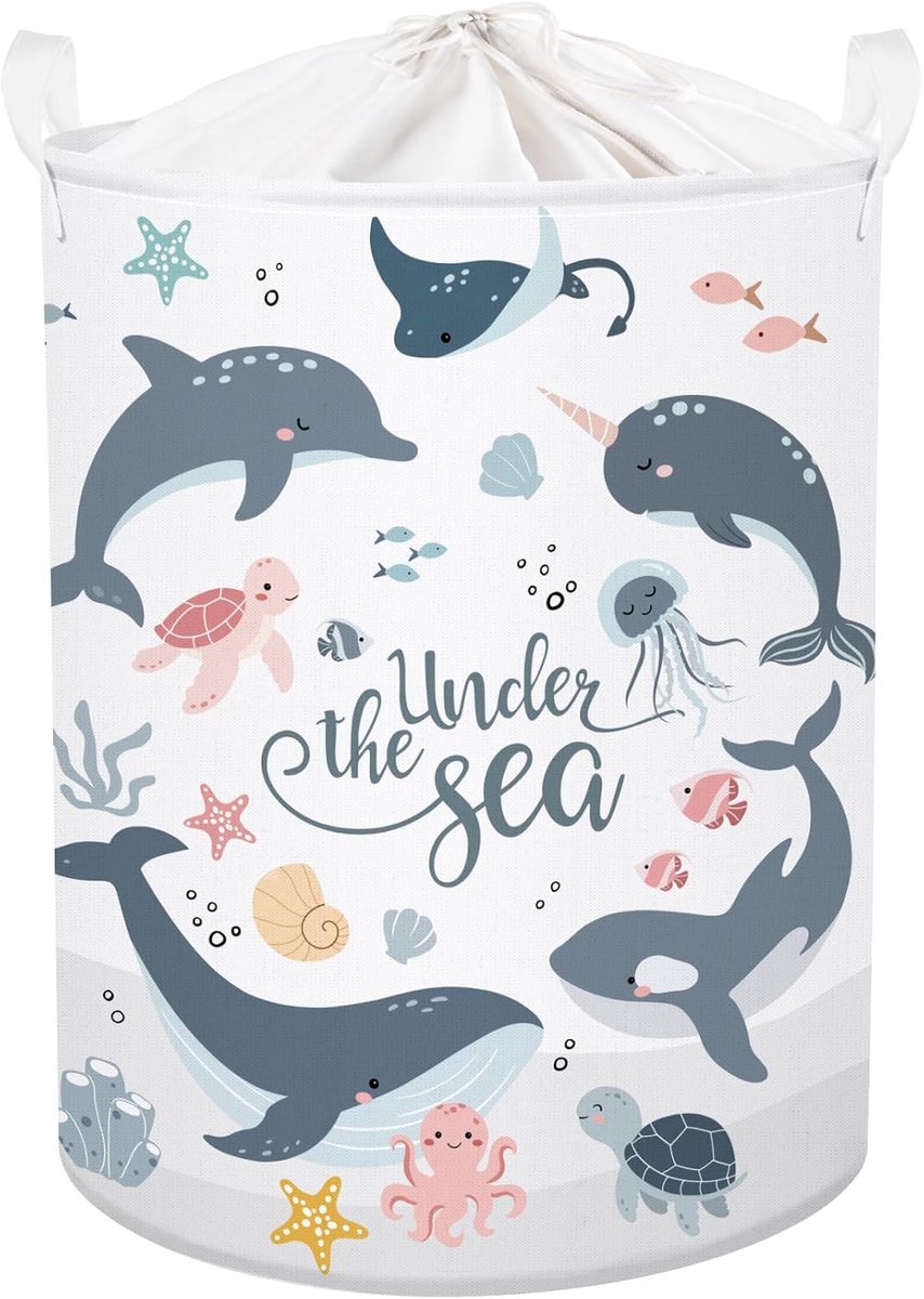 wasmand, zeedieren, opvouwbaar, manden voor speelgoed, kleding voor ouders, vuile kleding voor badkamer, dolfijnen, blauw, 63 l