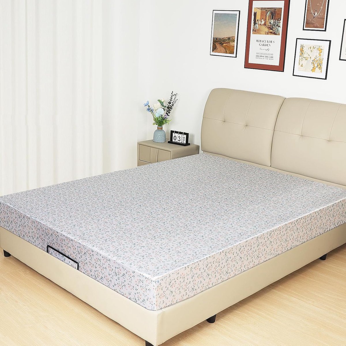 Satin Hoeslaken, Zijdezacht Polyester Satijn Weefsel, 36 cm Diepe Zakken met Elastieke Hoekbanden, 160 x 200 x 36 cm, Crème Bloemen