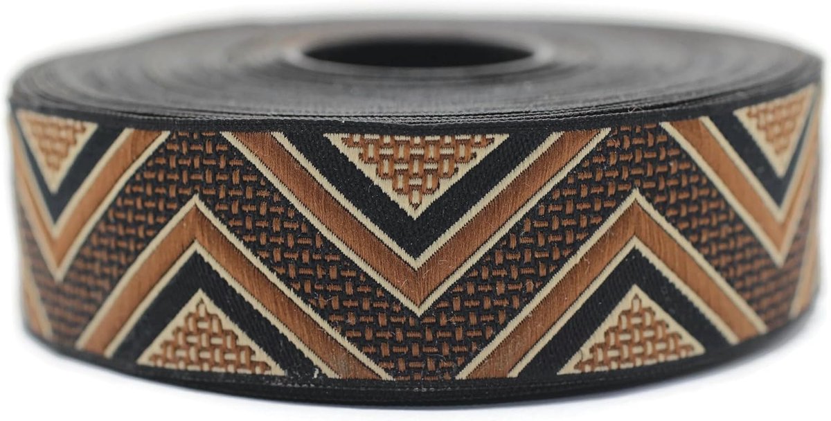 Jacquard lint geweven bruin en zwart visgraat 10 m x 25 mm - rollen borduurlint voor naaien decoratie 25706-V8