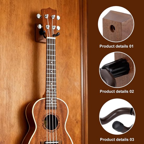 2 stuks hardhouten gitaarwandhouder, hangers: walnoothout, gitaarhouder voor aan de muur met siliconenslang en hardhouten basis, ukelele wandhouder voor akoestische gitaar, elektrische gitaren — afbeelding 2