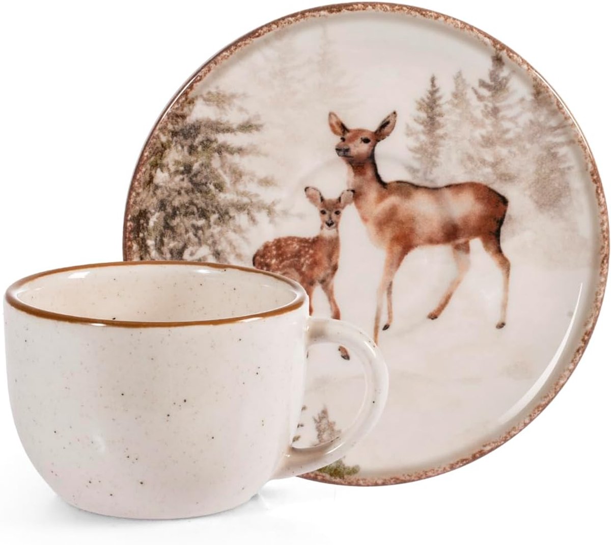 Set van 4 koffiekopjes van aardewerk met schoteltjes, 115 cc, beige gestippeld met bruine rand, decoratie magische hert met besneeuwde landschappen, perfect voor winter en Kerstmis
