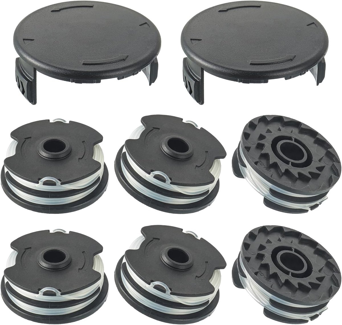 Spoelen met 2 doppen trimmerspoelen vervangende spoelen 2 x 4 m 1,6 mm (6 spoelen + 2 doppen) | Voor LIDL Parkside elektrische en accu grastrimmer PRT 550 A1, A3; PRTA 20-Li A1, B2, C3
