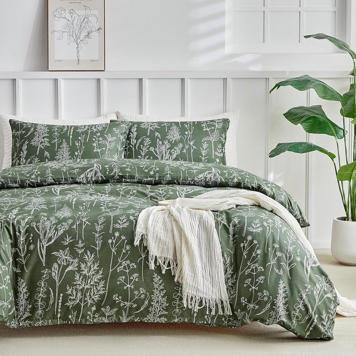 Beddengoedset, tweepersoonsbed, 260 x 240 cm, 100% microvezel, salie-stijl, handbeschilderd, zacht en kreukvrij, 1 dekbedovertrek + 2 kussenslopen 50 x 80 cm, donkergroen