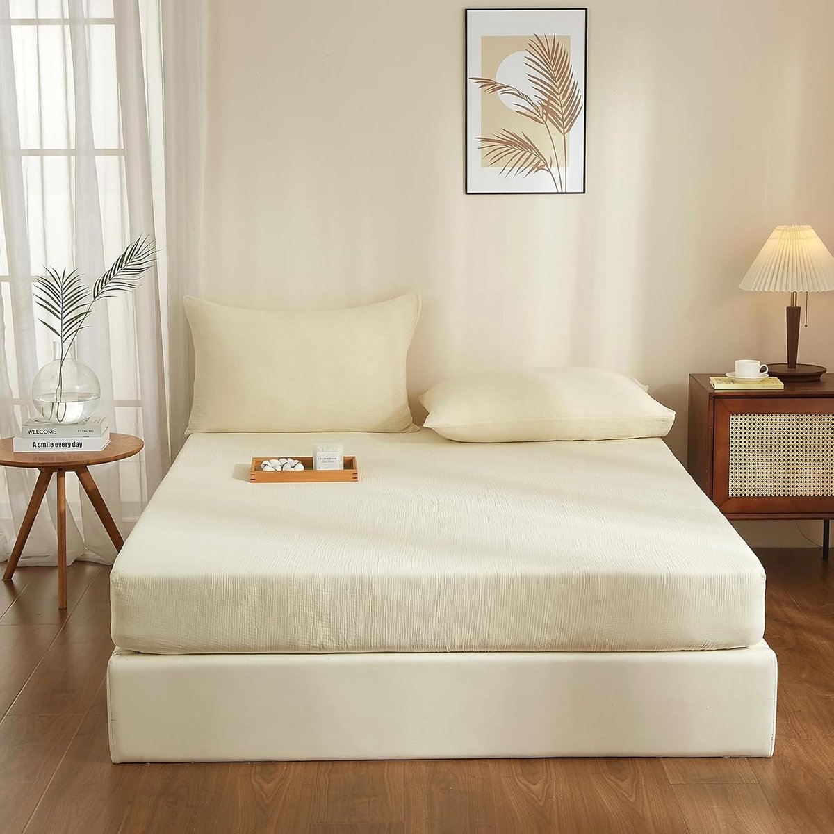 Muslin hoeslaken, 160 x 200 cm, 100% katoen, beige, mulin laken, 160 x 200 cm, katoen, zacht, ademend, behaaglijk, voor matrassen van 30 cm